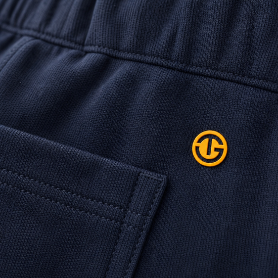 Close-up of navy blue ribbed fabric with a small yellow circular logo patch on the side and a stitched pocket.