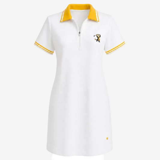 A white short-sleeve polo dress with a yellow collar and yellow striped sleeve trim, featuring a small embroidered mascot logo on the left chest.
