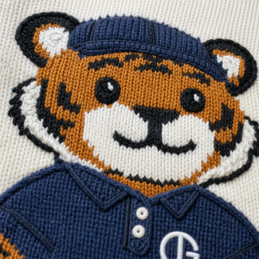 Close-up of a knitted tiger face wearing a navy blue cap and matching navy shirt on a cream knit background.