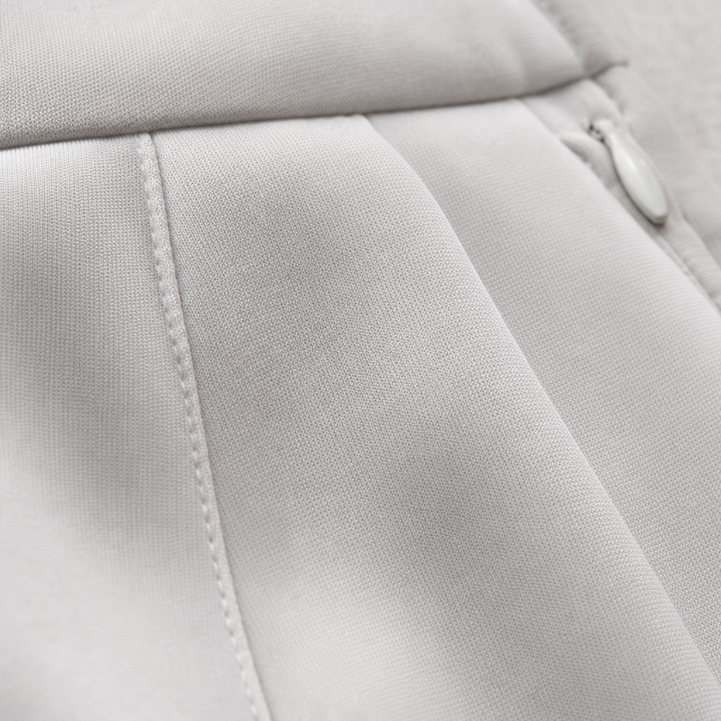 Close-up of a light gray fabric surface with stitched paneling and a small zipper pull visible on the right side.