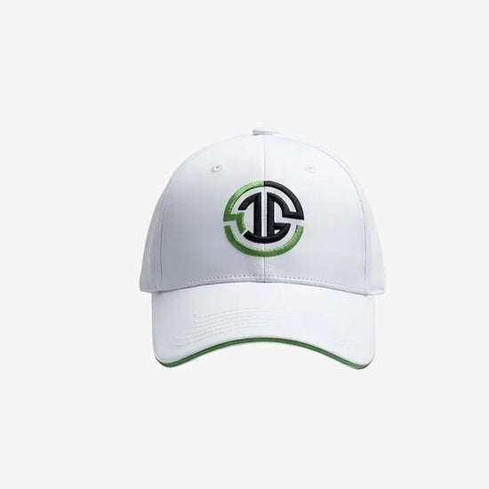 White cap with a logo on a light gray background