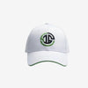 White cap with a logo on a light gray background