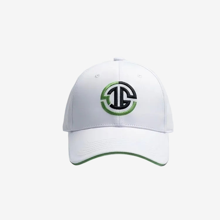 White cap with a logo on a light gray background