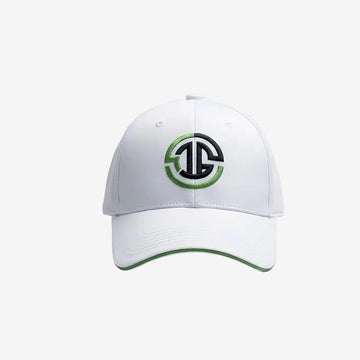 White cap with a logo on a light gray background