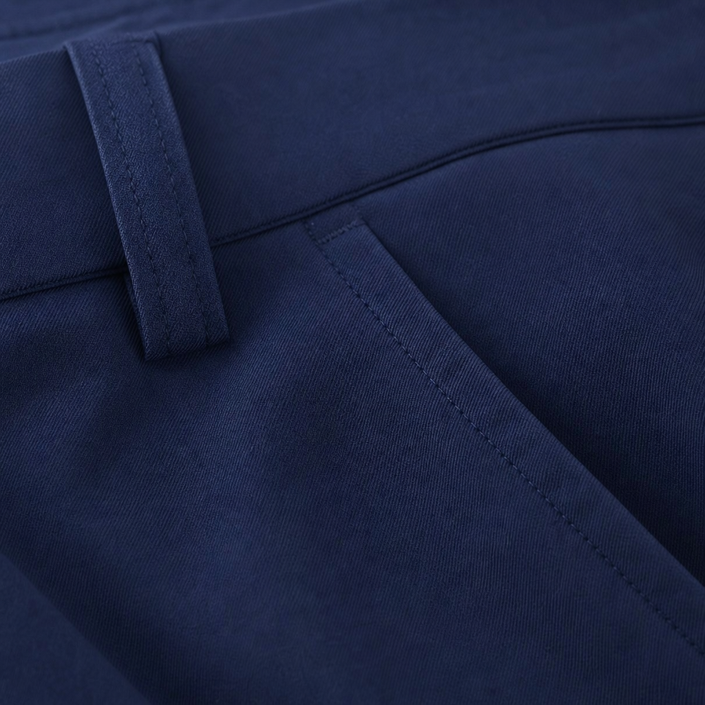 Close-up of navy blue trousers showing the waistband, belt loop, and front seam detail.
