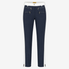 A pair of navy blue cropped pants with white side panels, featuring silver zipper details on the front and along the lower hems, shown against a plain white background.