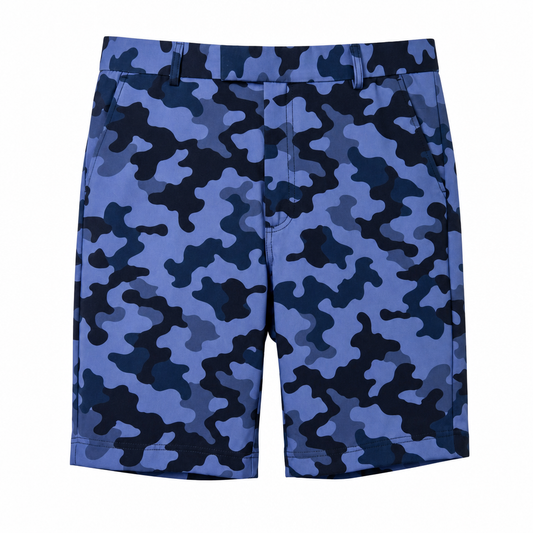 Blue camouflage shorts with a pattern of light, medium, and dark blue, shown flat against a white background.