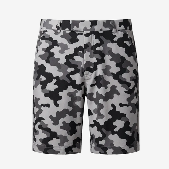 Gray, black, and white camouflage pattern shorts shown flat against a light gray background.