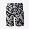 Gray, black, and white camouflage pattern shorts shown flat against a light gray background.