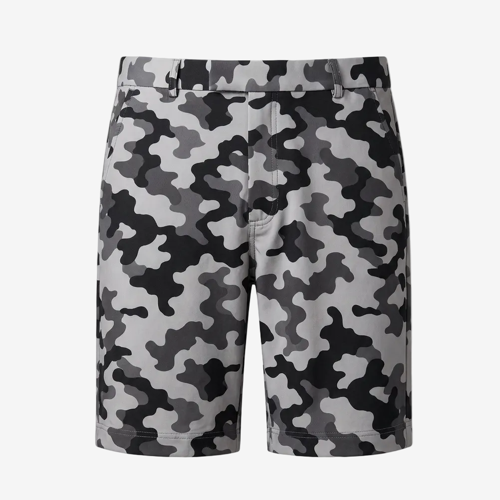 Gray, black, and white camouflage pattern shorts shown flat against a light gray background.