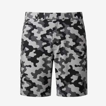 Gray, black, and white camouflage pattern shorts shown flat against a light gray background.