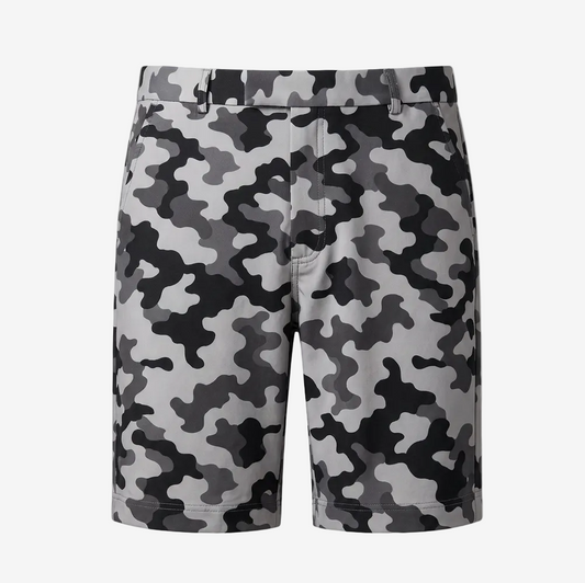 Gray, black, and white camouflage pattern shorts shown flat against a light gray background.
