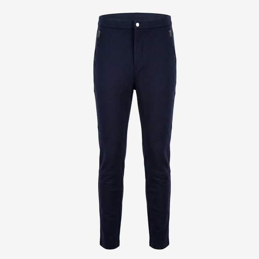 A pair of dark navy blue slim-fit trousers shown against a plain white background.
