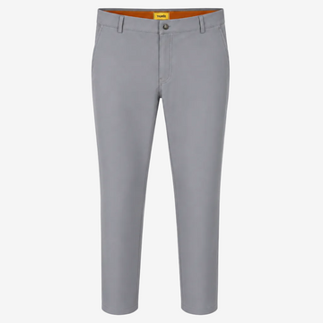 A pair of men's slim-fit trousers in light gray, shown flat against a solid white background. The interior waistband features a contrasting orange lining with a small yellow brand tag that reads '1946'.