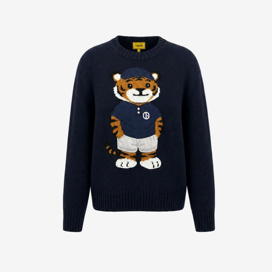 Navy blue sweater with a tiger design on a white background