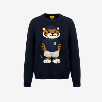 Navy blue sweater with a tiger design on a white background
