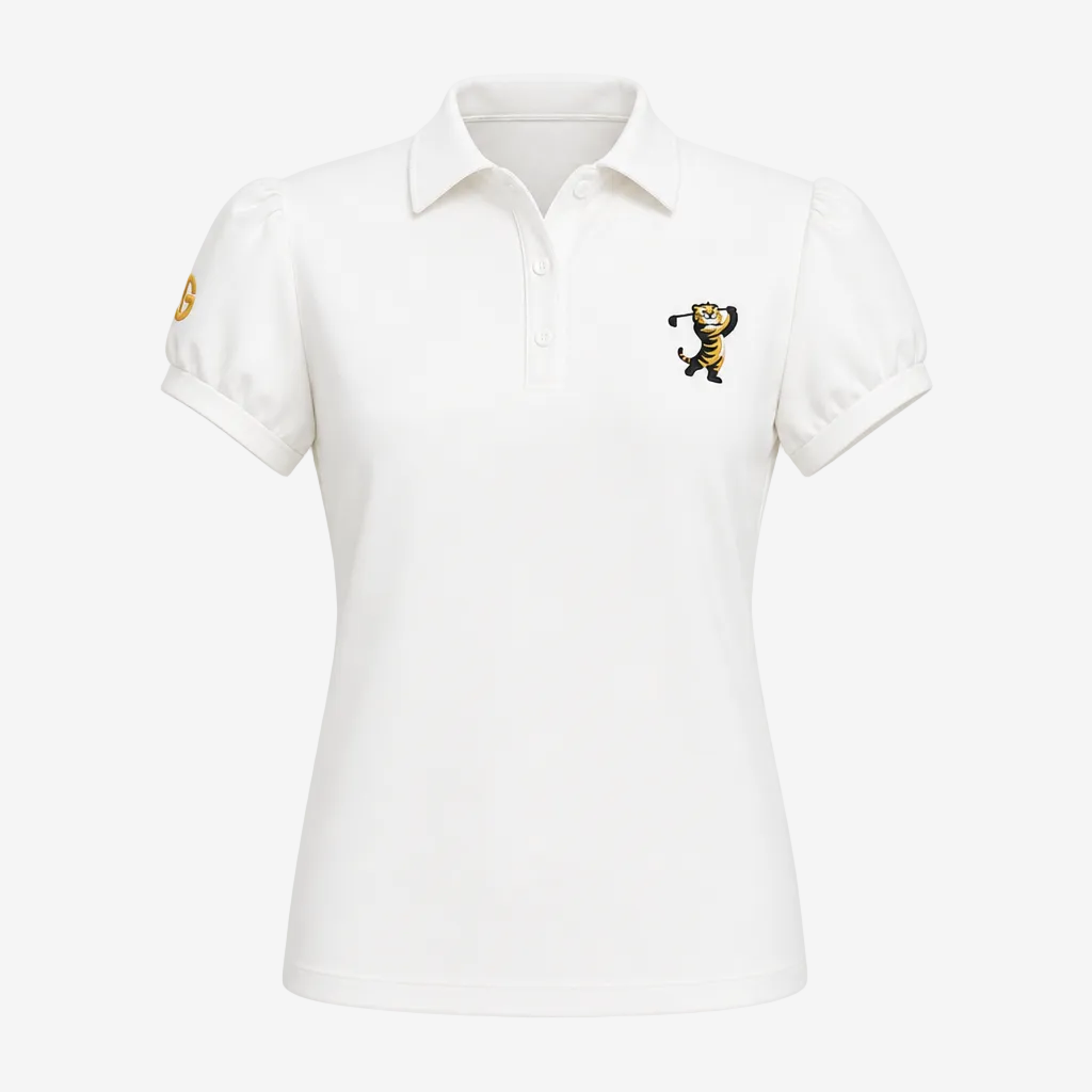 A white short-sleeve polo shirt with a collar and button placket, featuring a small embroidered tiger mascot on the left chest and a gold emblem on the right sleeve, shown against a plain white background.