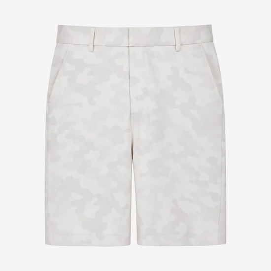 A pair of men's shorts featuring a light gray and off-white camouflage pattern, displayed flat against a solid white background.