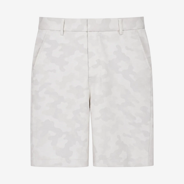 A pair of men's shorts featuring a light gray and off-white camouflage pattern, displayed flat against a solid white background.