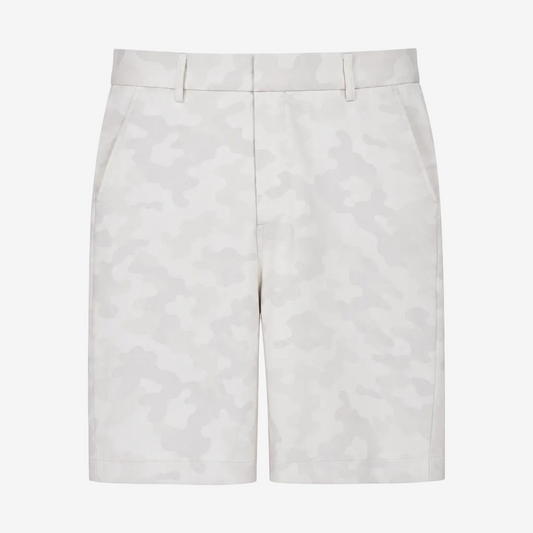 A pair of men's shorts featuring a light gray and off-white camouflage pattern, displayed flat against a solid white background.