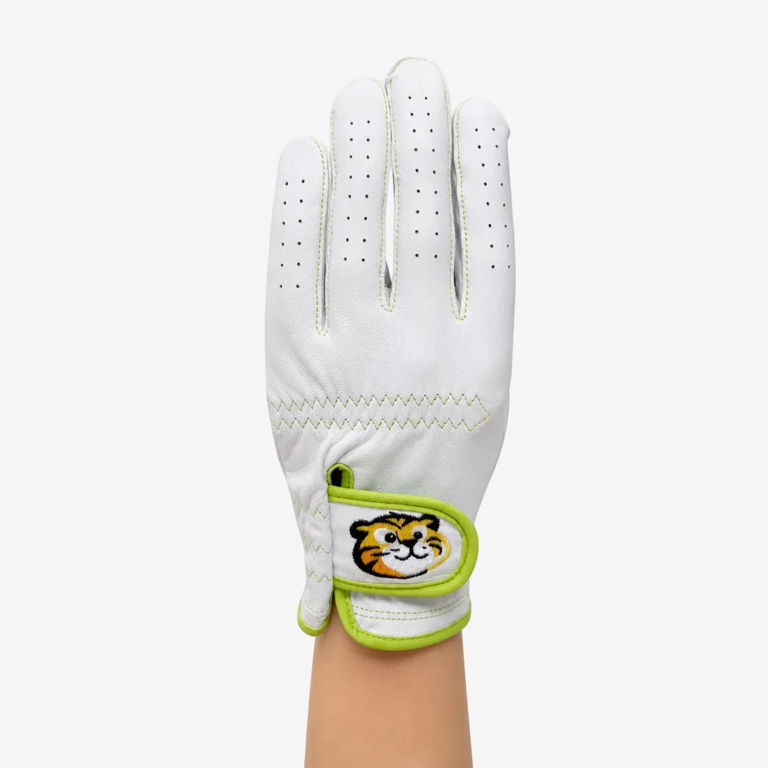 White golf glove with a tiger design on the palm, held by a hand against a white background