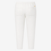 White cropped pants with an elastic waistband, two back patch pockets, and a small gold logo on the upper right hip, shown against a plain white background.