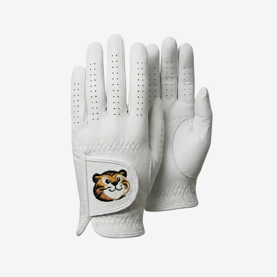 White golf glove with a tiger logo on a gray background