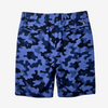 Blue and navy camouflage shorts with a small gold circular logo on the right hip, shown flat against a light gray background.