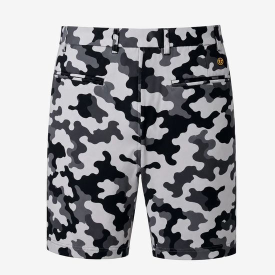A pair of men's shorts featuring a black, gray, and white camouflage pattern, shown against a plain white background.