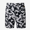 A pair of men's shorts featuring a black, gray, and white camouflage pattern, shown against a plain white background.