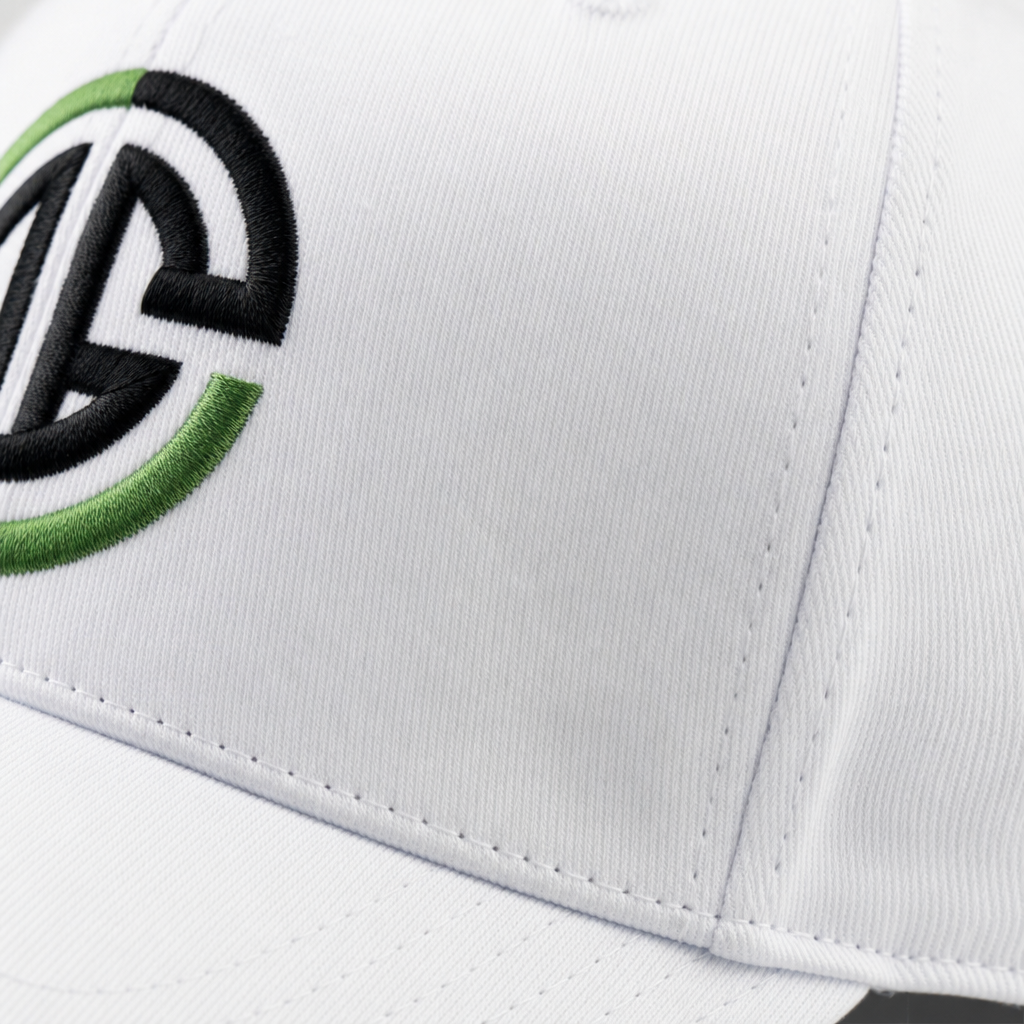 Close-up of a white cap with a logo featuring green and black design.