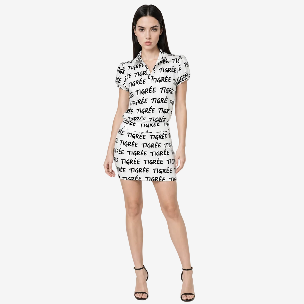 Woman wearing a white dress with black text on a plain background