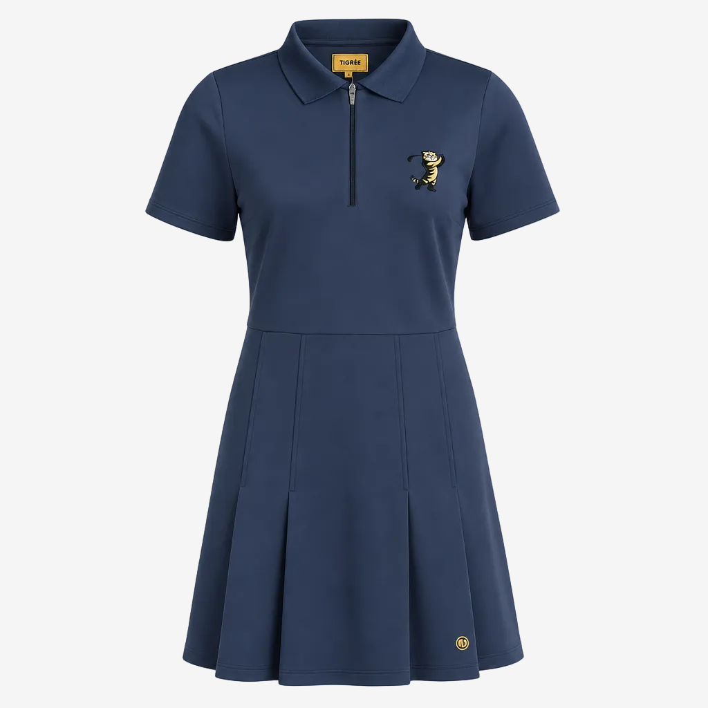 A navy blue short-sleeve polo dress with a half-zip neckline, featuring a small embroidered bee on the left chest and a matching bee emblem near the bottom hem, shown against a plain white background.