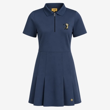 A navy blue short-sleeve polo dress with a half-zip neckline, featuring a small embroidered bee on the left chest and a matching bee emblem near the bottom hem, shown against a plain white background.
