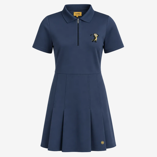 A navy blue short-sleeve polo dress with a half-zip neckline, featuring a small embroidered bee on the left chest and a matching bee emblem near the bottom hem, shown against a plain white background.