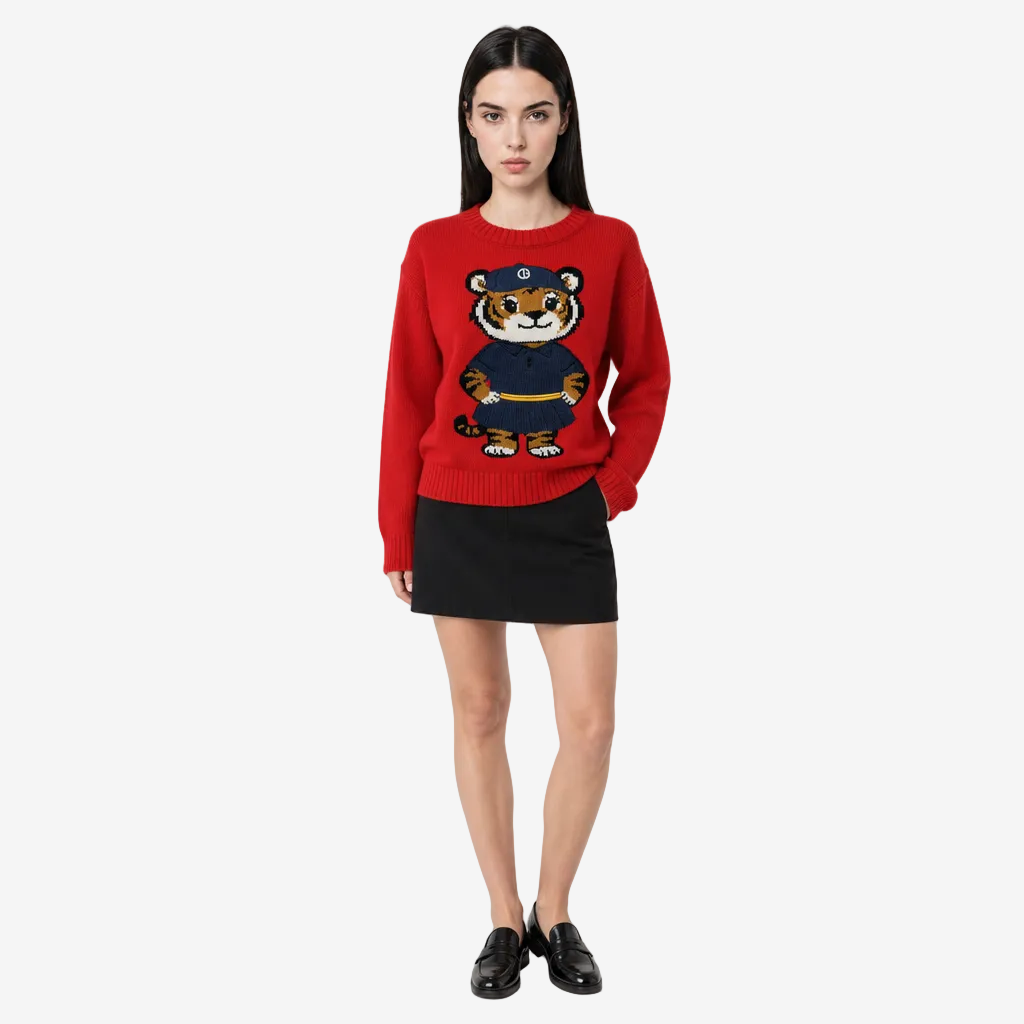 Woman wearing a red sweater with a tiger design on a white background