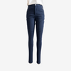 A pair of navy blue slim-fit pants shown on a model from the back, paired with a white top against a plain white background.