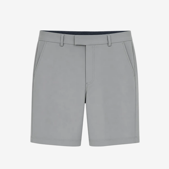 Light gray men's shorts with belt loops, a front crease, and side pockets, shown flat against a white background.