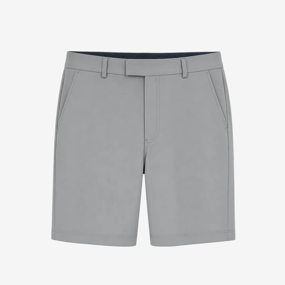 Light gray men's shorts with belt loops, a front crease, and side pockets, shown flat against a white background.