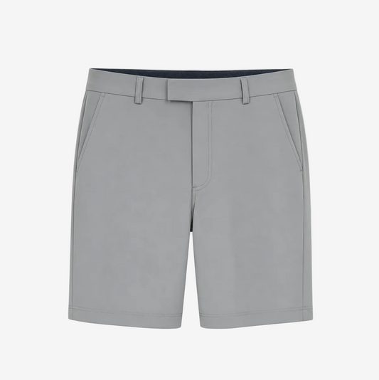 Light gray men's shorts with belt loops, a front crease, and side pockets, shown flat against a white background.
