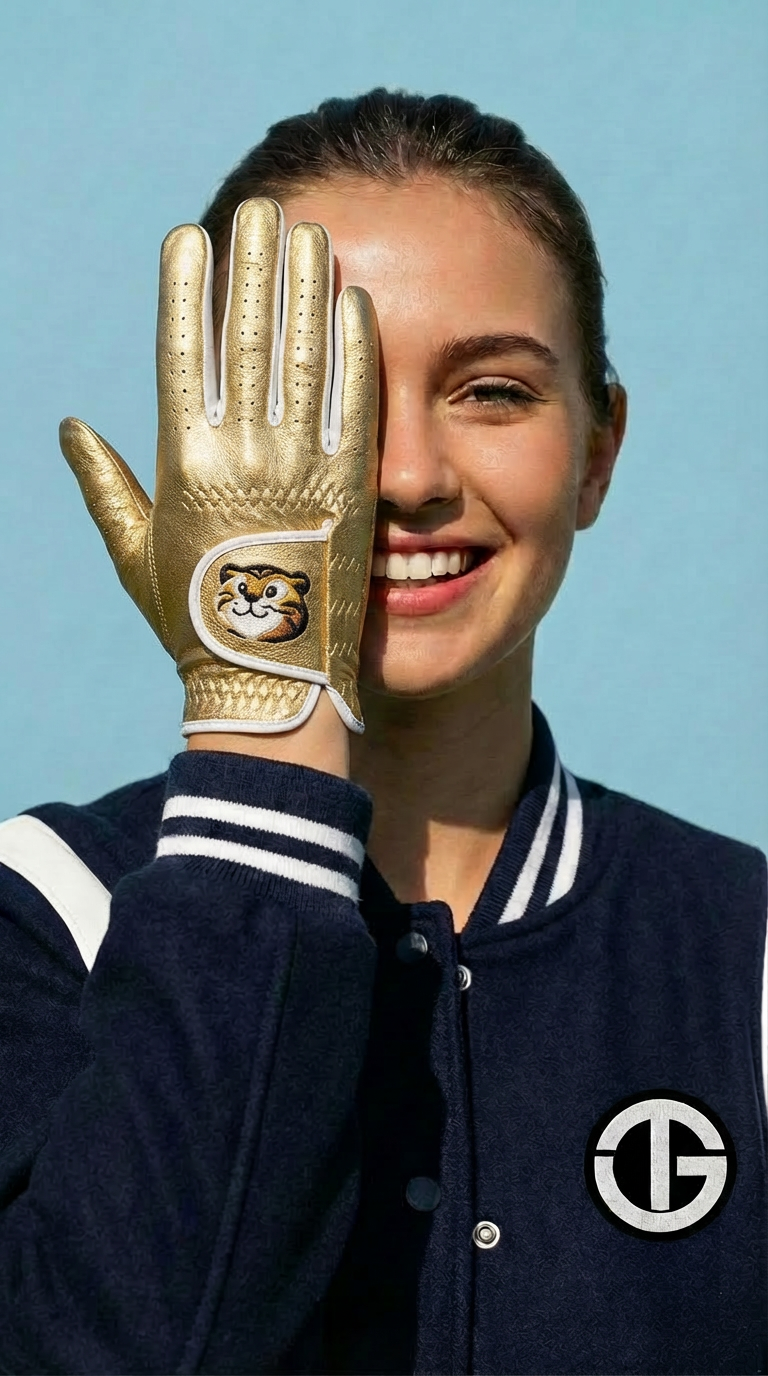 Person wearing a gold glove with a logo, smiling against a blue background
