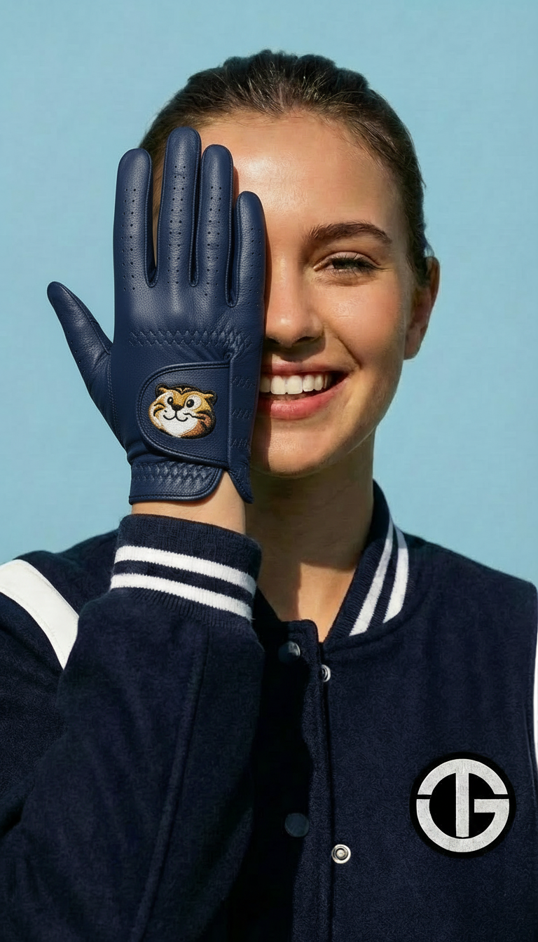 Person wearing a navy blue glove with a logo, smiling against a clear blue sky.