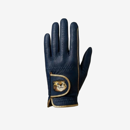 Navy blue glove with gold accents on a white background