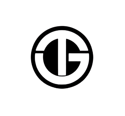 Black circular logo with a design inside on a white background