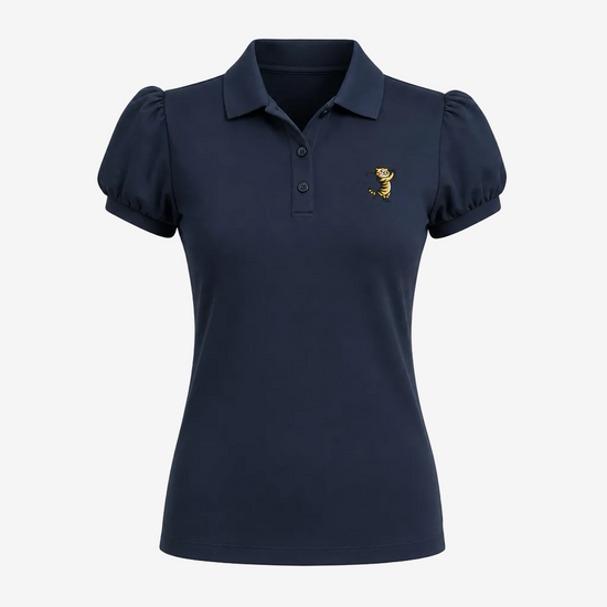 A navy blue short-sleeve polo shirt with puffed sleeves, a three-button placket, and a small embroidered tiger logo on the left chest, shown on a plain white background.