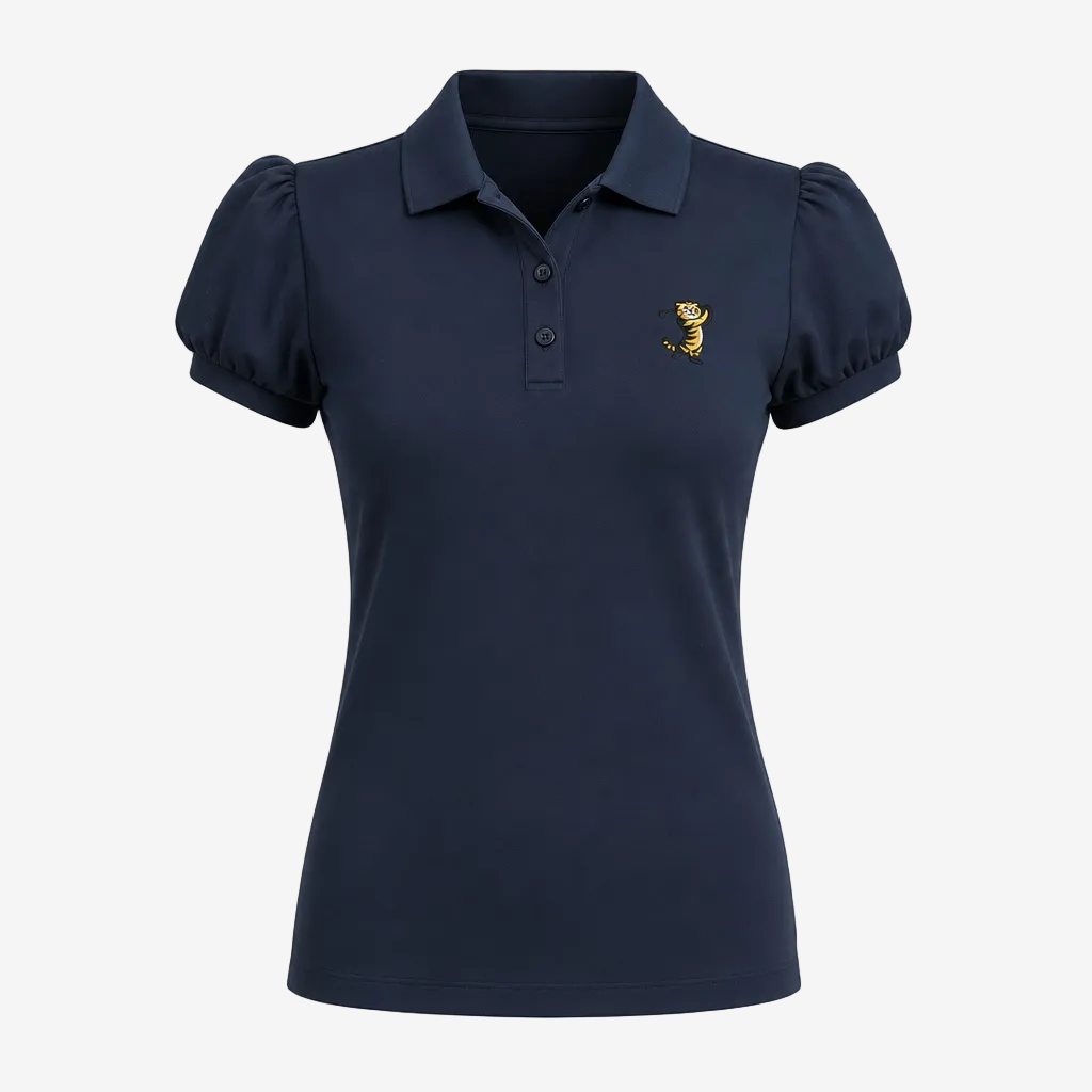 A navy blue short-sleeve polo shirt with puffed sleeves, a three-button placket, and a small embroidered tiger logo on the left chest, shown on a plain white background.