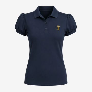 A navy blue short-sleeve polo shirt with puffed sleeves, a three-button placket, and a small embroidered tiger logo on the left chest, shown on a plain white background.
