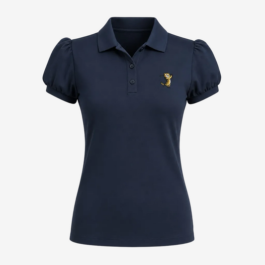 A navy blue short-sleeve polo shirt with puffed sleeves, a three-button placket, and a small embroidered tiger logo on the left chest, shown on a plain white background.