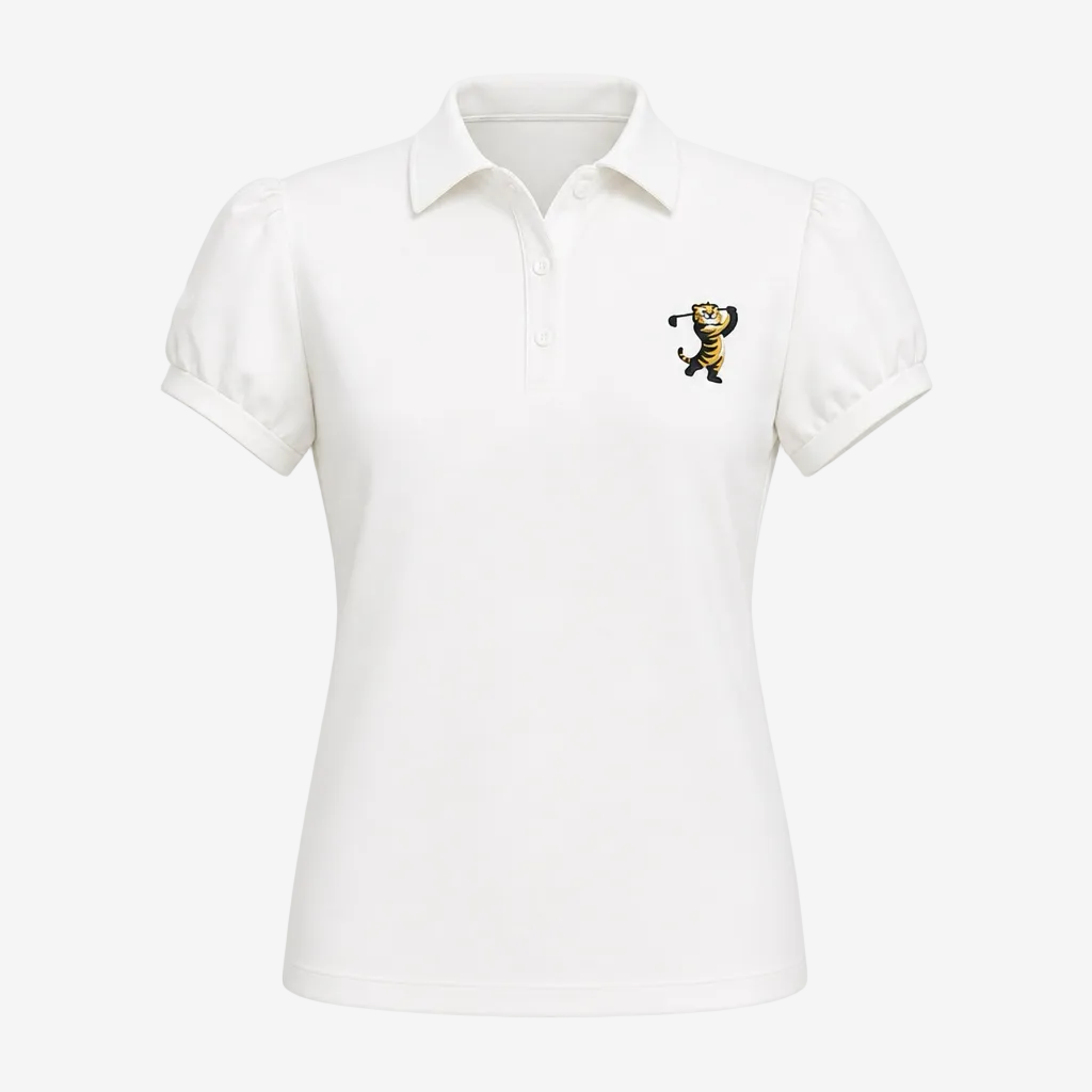 A white short-sleeve polo shirt with a collar and a small embroidered tiger mascot on the left chest, shown on a clean white background.