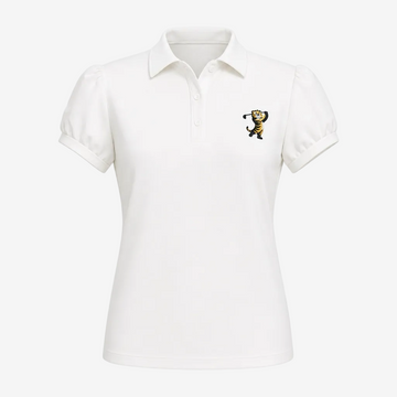 A white short-sleeve polo shirt with a collar and a small embroidered tiger mascot on the left chest, shown on a clean white background.